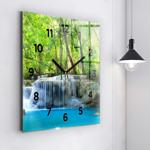 Square glass wall clock Waterfall in the forest