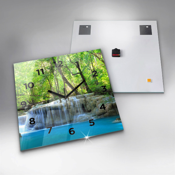 Square glass wall clock Waterfall in the forest