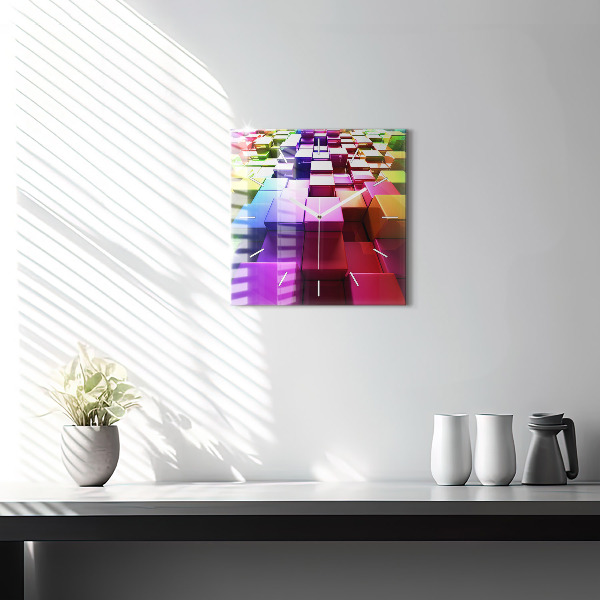 Square glass wall clock Colored cubes