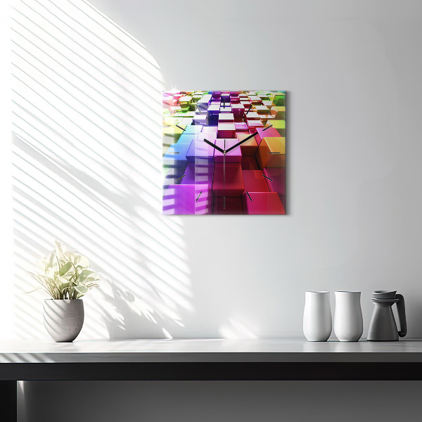 Square glass wall clock Colored cubes