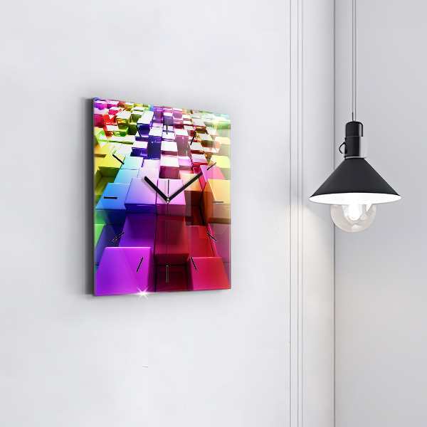 Square glass wall clock Colored cubes
