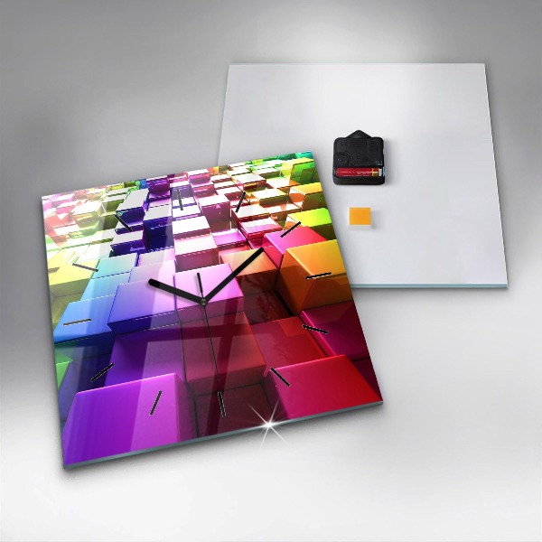 Square glass wall clock Colored cubes