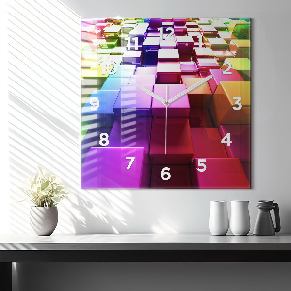 Square glass wall clock Colored cubes