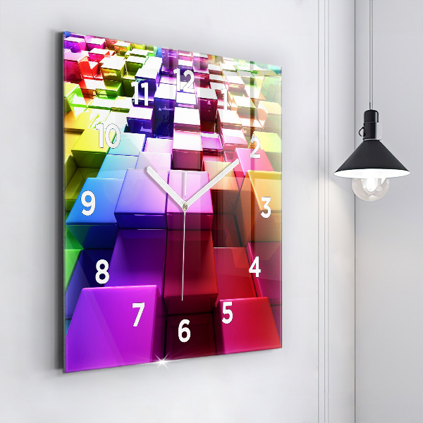 Square glass wall clock Colored cubes