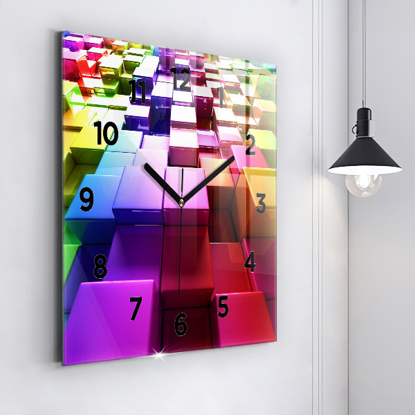 Square glass wall clock Colored cubes