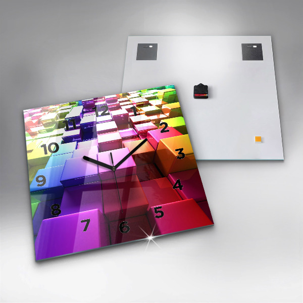 Square glass wall clock Colored cubes