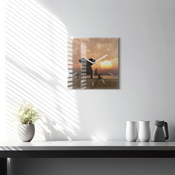 Square glass wall clock Animals and sunset