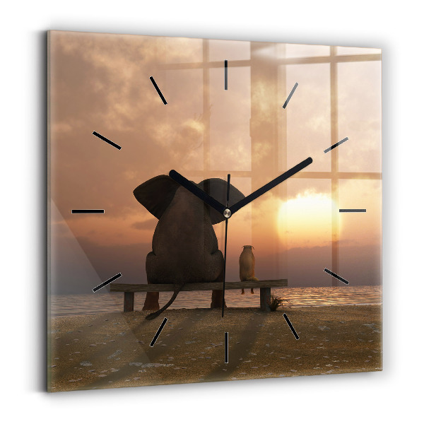 Square glass wall clock Animals and sunset