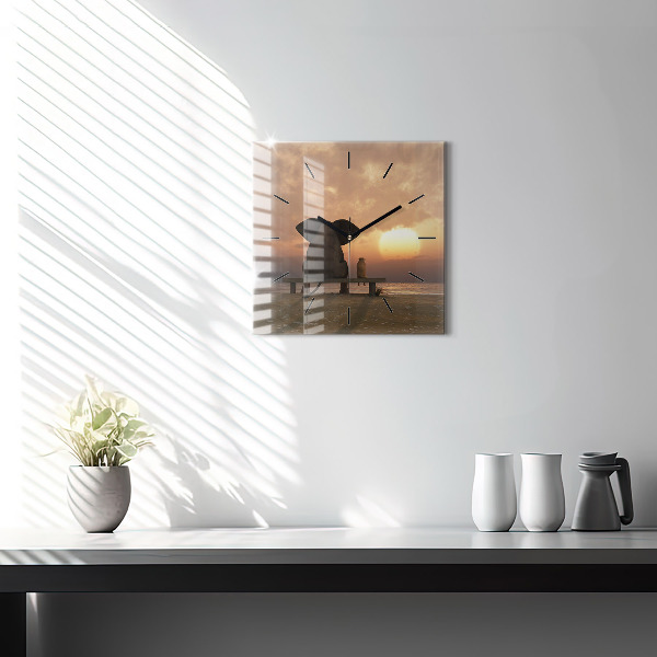 Square glass wall clock Animals and sunset