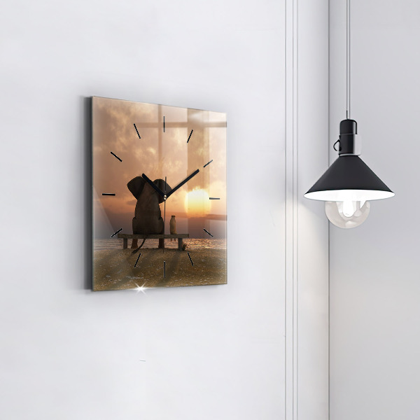 Square glass wall clock Animals and sunset