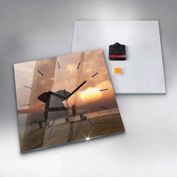 Square glass wall clock Animals and sunset
