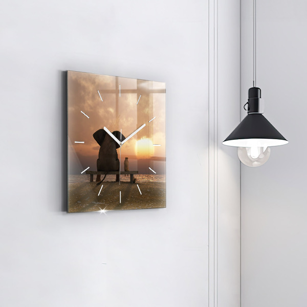 Square glass wall clock Animals and sunset
