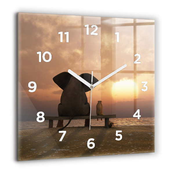 Square glass wall clock Animals and sunset