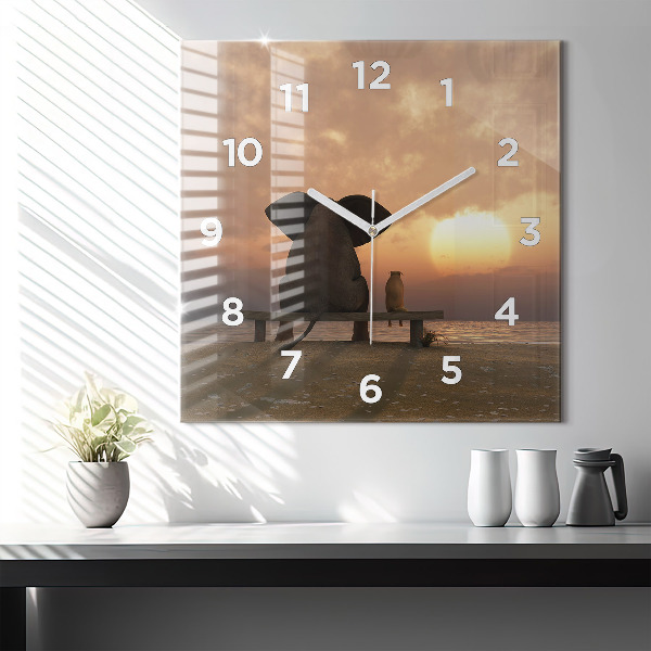 Square glass wall clock Animals and sunset