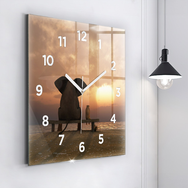 Square glass wall clock Animals and sunset