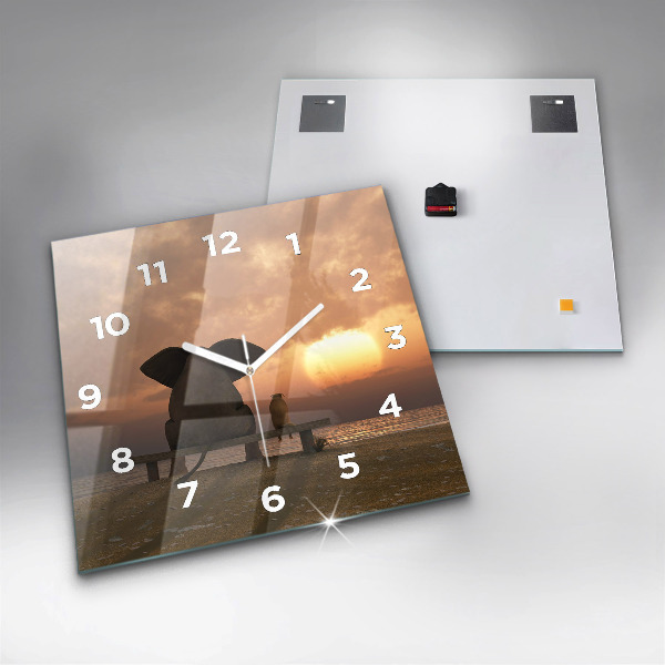 Square glass wall clock Animals and sunset