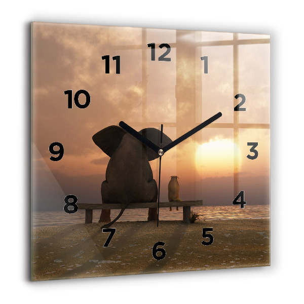 Square glass wall clock Animals and sunset