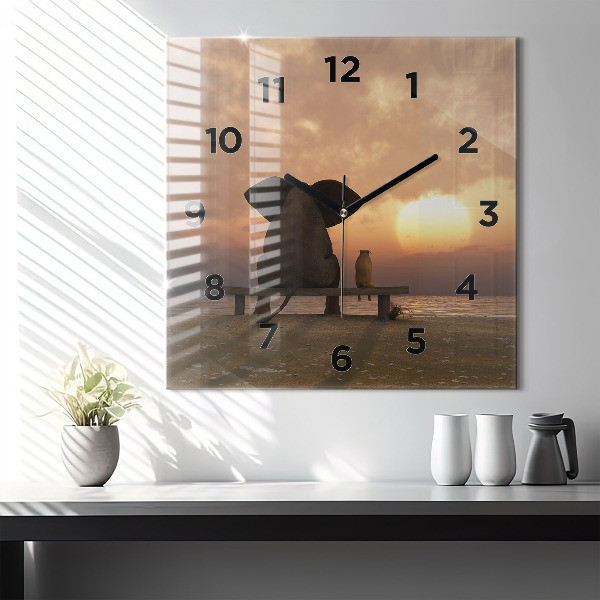 Square glass wall clock Animals and sunset