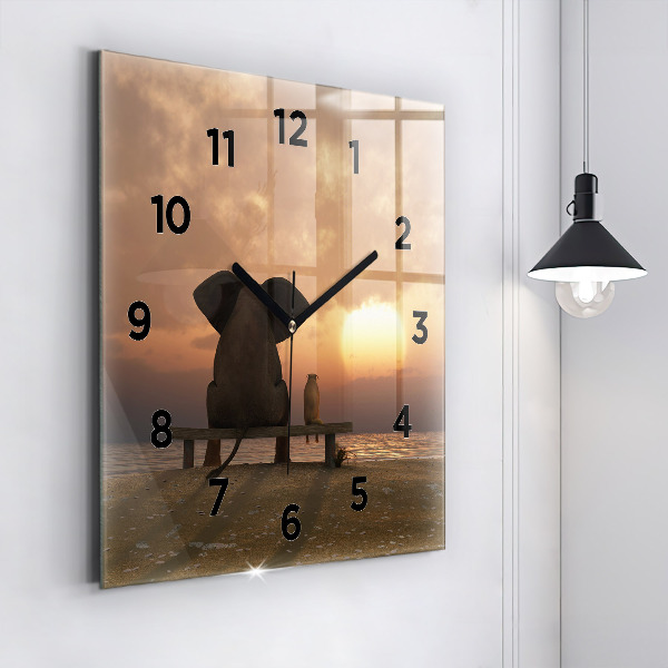 Square glass wall clock Animals and sunset