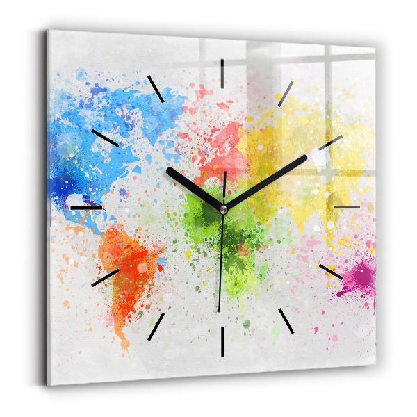 Square glass wall clock World map on paper