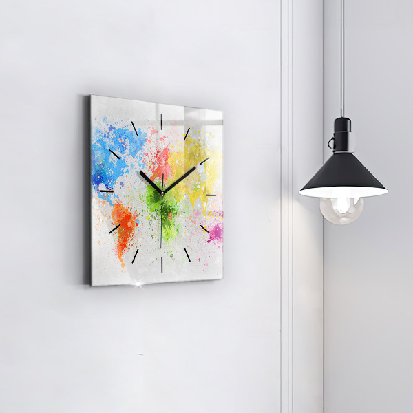 Square glass wall clock World map on paper