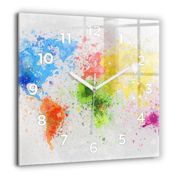 Square glass wall clock World map on paper