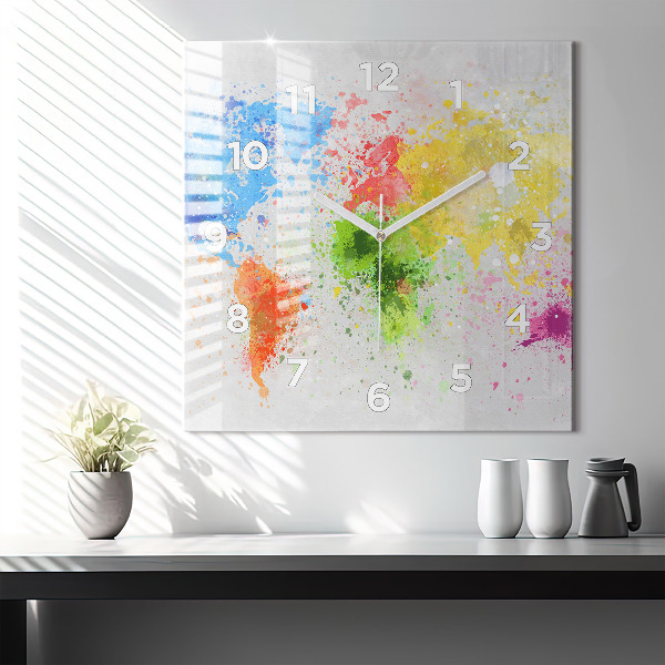 Square glass wall clock World map on paper