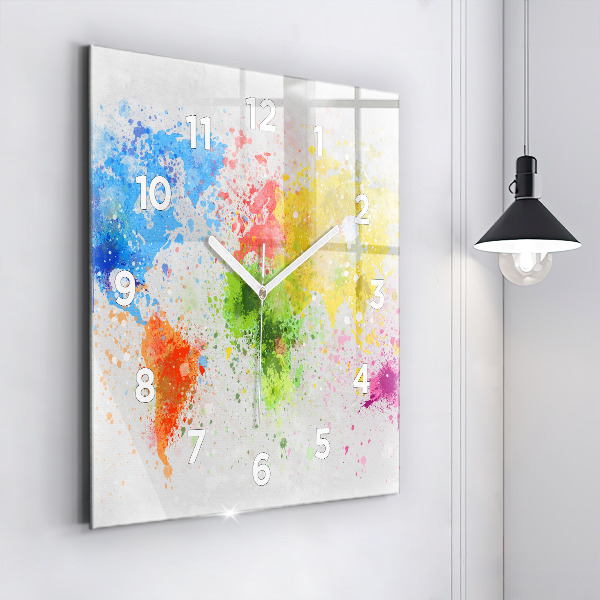 Square glass wall clock World map on paper