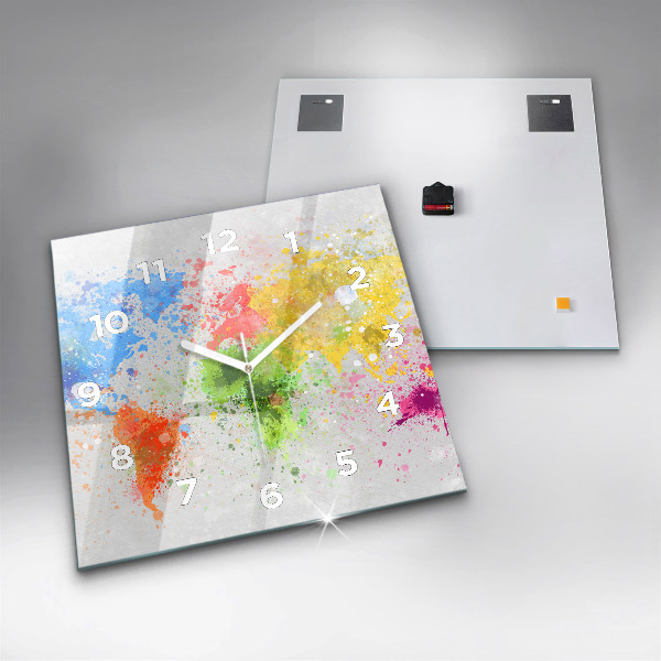 Square glass wall clock World map on paper