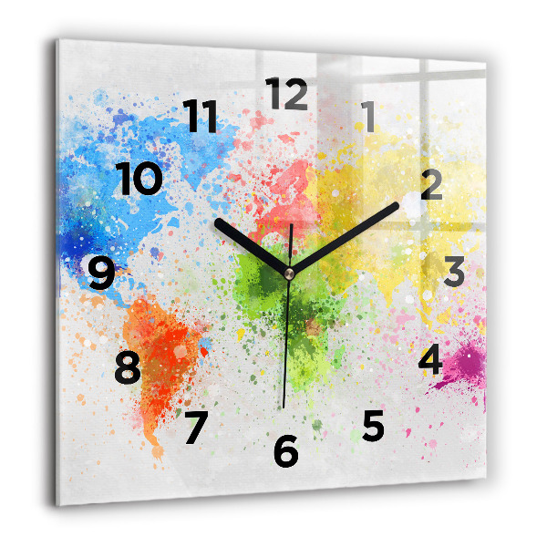 Square glass wall clock World map on paper