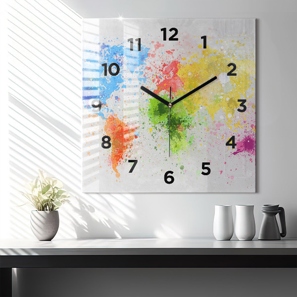 Square glass wall clock World map on paper