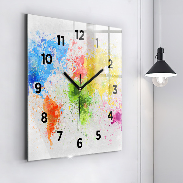 Square glass wall clock World map on paper