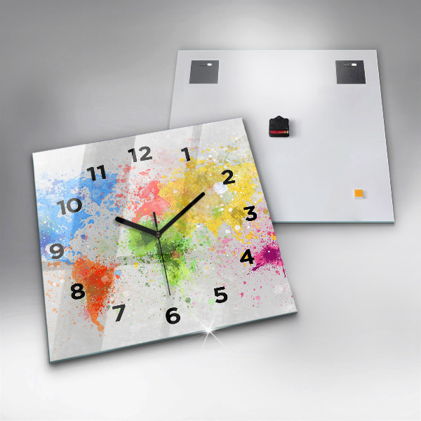 Square glass wall clock World map on paper