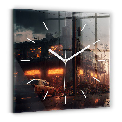 Square glass wall clock Apocalyptic building