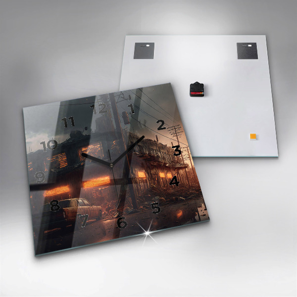 Square glass wall clock Apocalyptic building