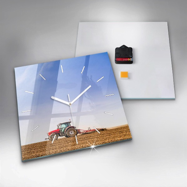 Square glass wall clock Farmer on a tractor