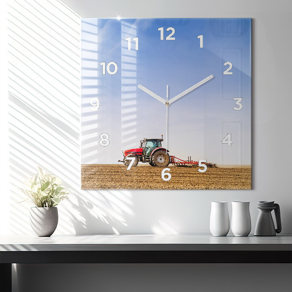 Square glass wall clock Farmer on a tractor