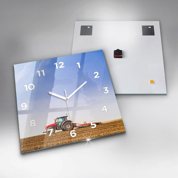 Square glass wall clock Farmer on a tractor