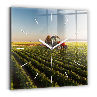 Square glass wall clock Tractor in a farm field