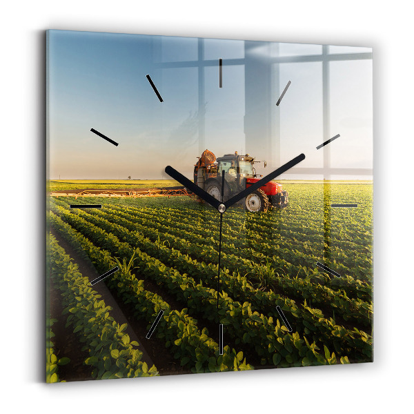 Square glass wall clock Tractor in a farm field