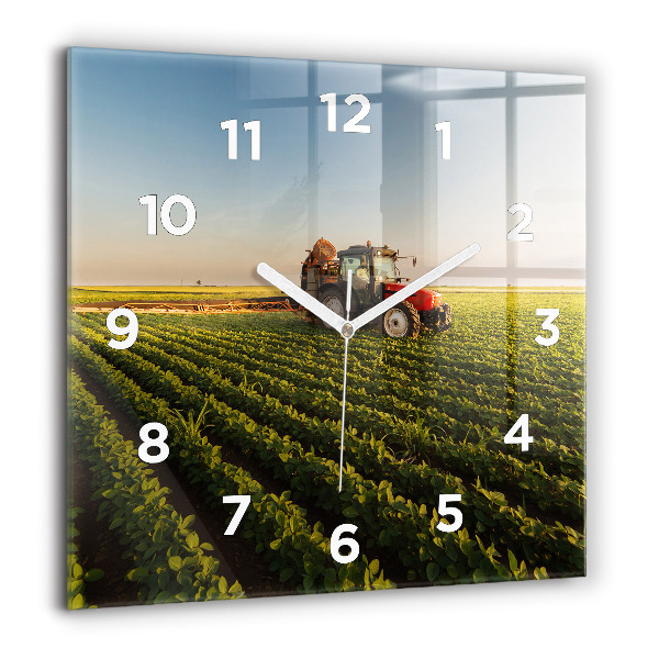 Square glass wall clock Tractor in a farm field