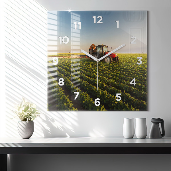 Square glass wall clock Tractor in a farm field