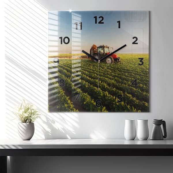 Square glass wall clock Tractor in a farm field