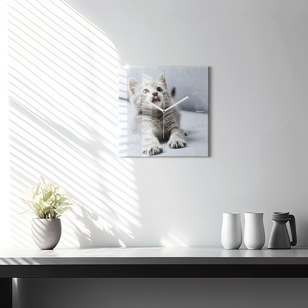 Square glass wall clock Cat on the couch