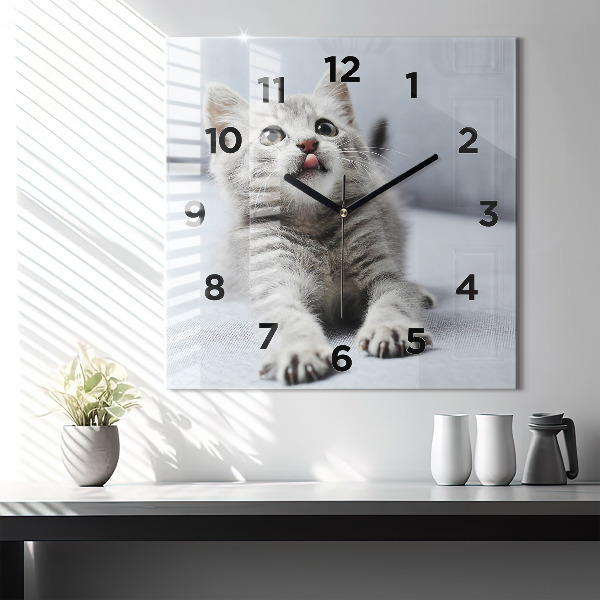 Square glass wall clock Cat on the couch