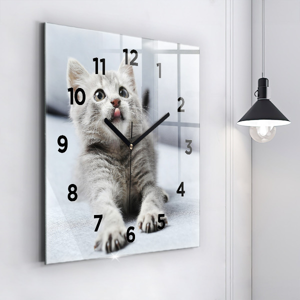 Square glass wall clock Cat on the couch