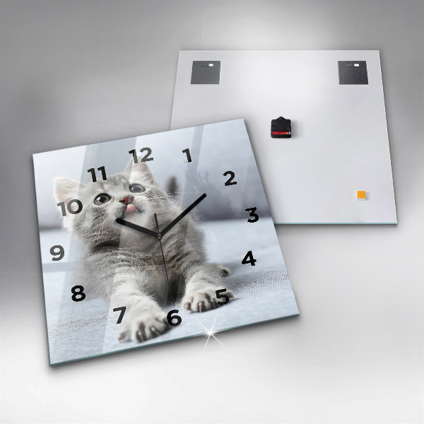 Square glass wall clock Cat on the couch