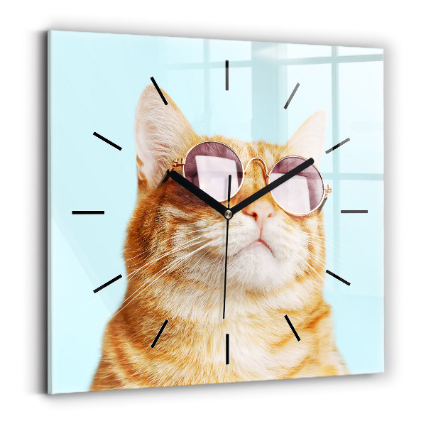 Square glass wall clock Funny cat with glasses