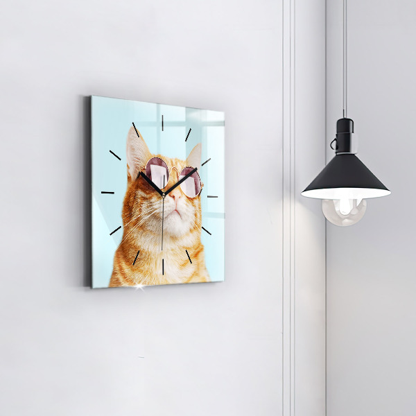 Square glass wall clock Funny cat with glasses