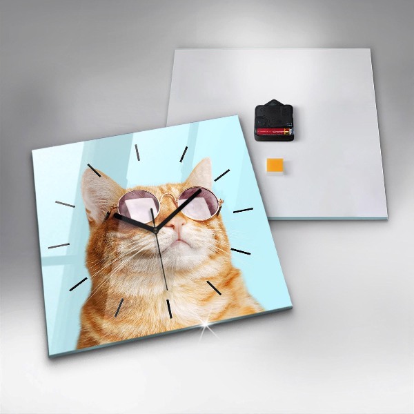 Square glass wall clock Funny cat with glasses